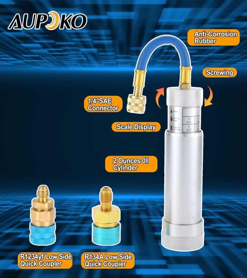 Aupoko AC Oil Injector Kit, R134A Oil Injector with R1234YF Low Side Quick Coupler, HVAC Dye Oil Injector with 1/4" SAE Connector, for R134A R22 R12 R1234YF Refrigerant System - Image 2